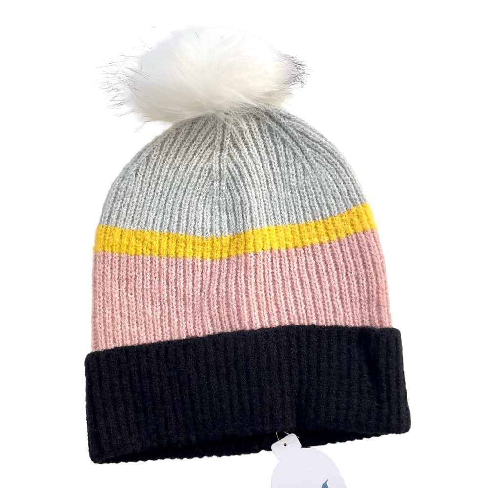 Save The Ocean- color block stripe faux fur Pom Pom beanie- o/s